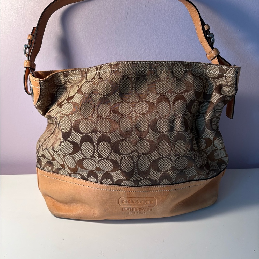 Coach Signature Pattern Hobo Bag in Tan and Brown